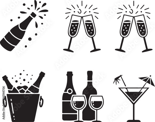 Black and white illustration of various alcoholic beverages icons set