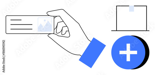Digital identity concept. Digital identity ed through an ID card, square object, and a blue plus icon. Digital identity enhancing security and data management. For tech, apps, ID systems