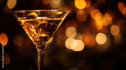 Sophisticated Martini Cocktail with Olive Garnish in a Festive Ambiance