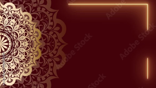 Elegant Golden Mandala Design with Neon Frame on Burgundy Background.
