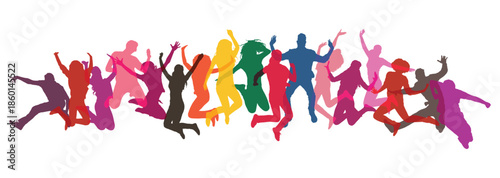 Happy Jumping Crowd Silhouette Vector: Overlapping People Celebrating and Having Fun.
