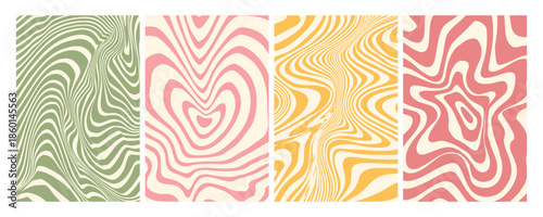 Set of 4 Groovy Wavy Psychedelic Backgrounds - Abstract Distorted Op Art Vector Pack.