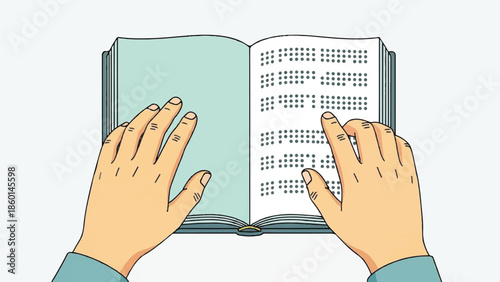 Hands holding an open book with braille text on the pages, viewed from above