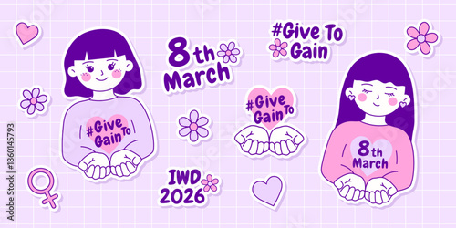 International Women's Day sticker set. Give to gain 2026. Vector illustration