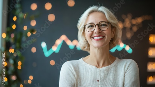 Confident mature business woman smiling with financial chart background