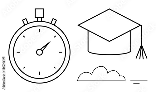 Education concept. A stopwatch, graduation cap, and cloud time, learning, and digital innovation. Education fosters progress, time management and connected learning. For elearning training