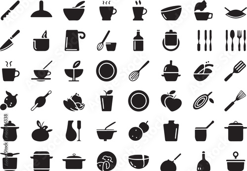 Collection of black kitchen utensil icons