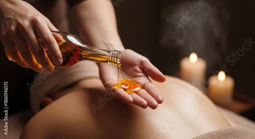 Massage therapist pouring essential oil on woman back in spa salon for relaxing aromatherapy oil treatment