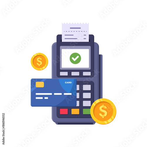 vector illustration of Payment Terminal With Card, Receipt, And Coins Depicting Cashless Transaction Concept In Modern Shopping Today