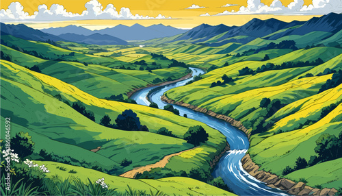 Comic style vector illustration of a winding river flowing through rolling green hills. Yellow sky with clouds, distant mountains, picturesque rural nature landscape background