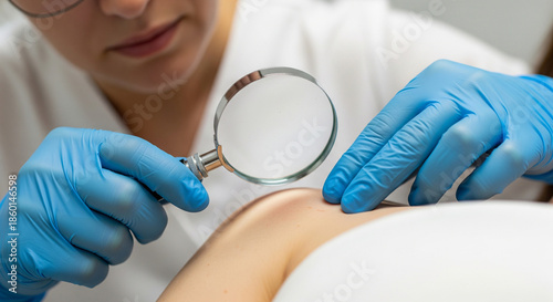 Dermatologist doctor using magnifying glass to check patient skin for mole or medical cancer diagnosis in clinic