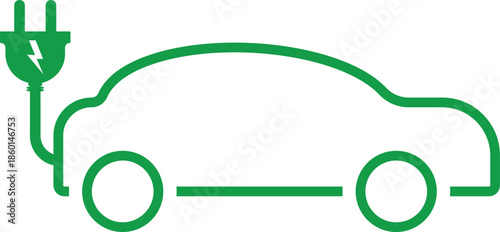 Electric Car Charging Symbols. Green EV sedan icon. Charger plug and cable graphic design. Sustainable mobility and clean energy signs