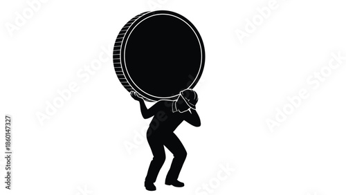 Silhouette of a construction worker or laborer wearing a hard hat struggling under the immense weight of a very large, heavy gold coin or currency symbol illustration