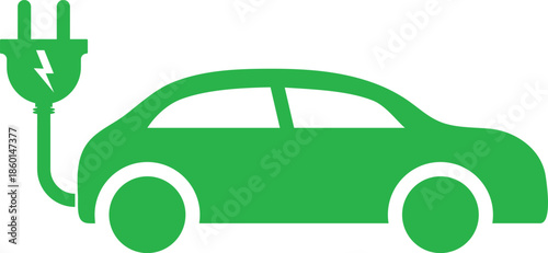 Electric Car Charging Symbols. Green EV sedan icon. Charger plug and cable graphic design. Sustainable mobility and clean energy signs