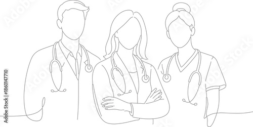 Continuous One-Line Drawing of Medical Team – Doctors and Nurses Illustration