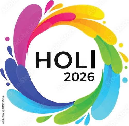Holi 2026 celebration logo with vibrant color splashes in a dynamic circular design