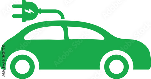 Electric Car Charging Symbols. Green EV sedan icon. Charger plug and cable graphic design. Sustainable mobility and clean energy signs