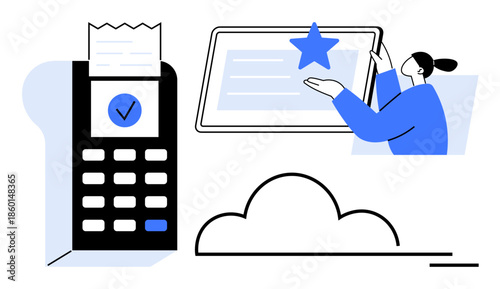 Digital transactions, cloud computing, online services, fintech apps, business integration, payment processing. Includes a payment device, tablet with a star and a cloud graphic. Digital