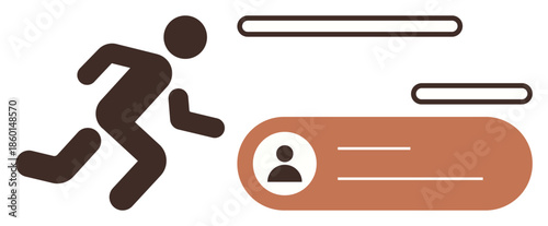 Minimal figure running toward a user profile layout with dynamic lines. Ideal for user experience, login efficiency, fast action, onboarding process, time management, productivity, simple flat