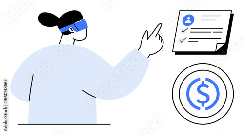 Woman interacting with a virtual reality interface, accessing profile data and financial details. Ideal for technology, VR, finance, innovation, user interface, digital transformation, future