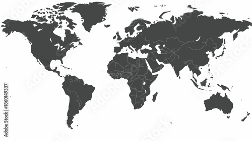 Dark gray world map with country borders on white background