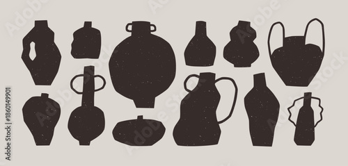 Vase silhouettes in modern style. Trendy handmade ceramics, pottery set. Hand-made amphora, jugs, ceramic vessels, crockery with imperfect rough handcrafted shapes. Isolated flat vector illustrations