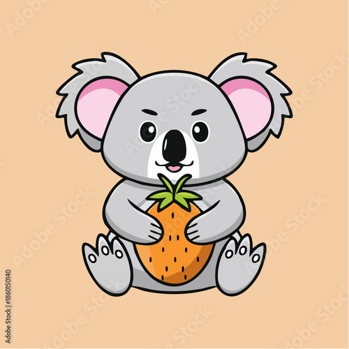 Cute cartoon koala holding a strawberry with both hands, sitting on a beige background.