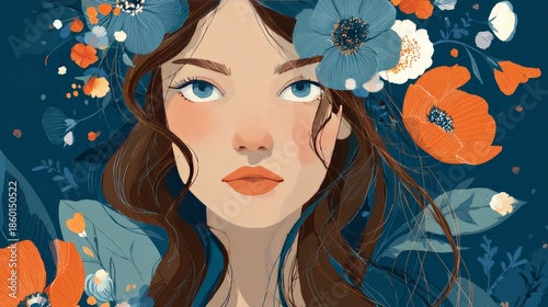Stylized digital portrait of serene woman with flowing brown hair, blue eyes, and vibrant floral frame on deep blue background, painterly aesthetic