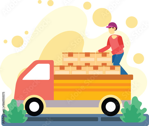 Delivery worker loading boxes onto a cargo truck illustration