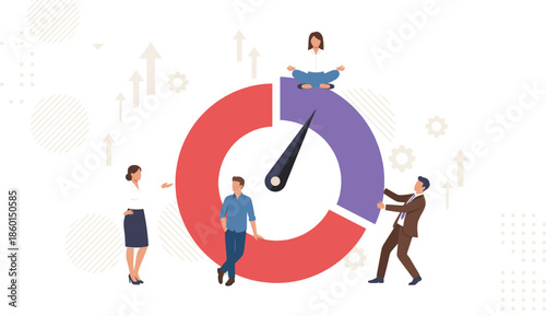 Business performance optimization concept with team collaboration speedometer chart productivity growth efficiency balance and strategy modern flat vector illustration