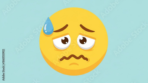 A cartoon emoji face with a sad expression and a drop of sweat on its forehead on blue background