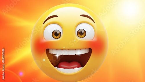 A bright and cheerful emoji with a big smile on a vibrant orange background with sunburst