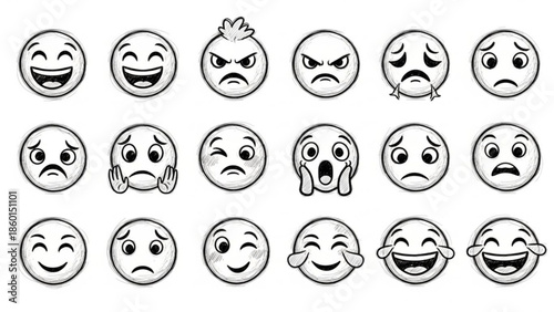 A set of various emoticon faces with different expressions and emotions
