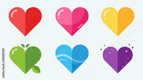 Collection of colorful heart shapes in various styles and vibrant colors