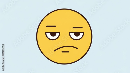 A cartoon emoji face with a displeased expression on a light blue background