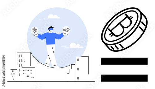 Person balancing lightbulb and handshake above cityscape, Bitcoin coin and equality sign on side. Ideal for blockchain, cryptocurrency, innovation, business strategy, equality, fintech, startups