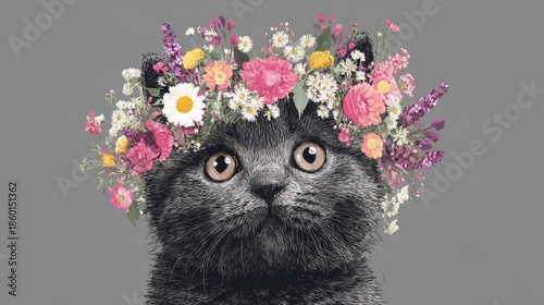 Stylized black cat portrait with expressive yellow-green eyes and vibrant floral crown on light beige background, artistic and whimsical