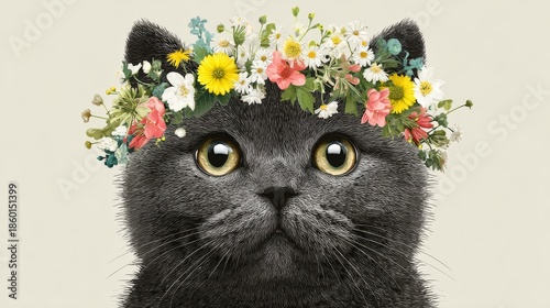 Stylized black cat portrait with expressive yellow-green eyes and vibrant floral crown on light beige background, artistic and whimsical