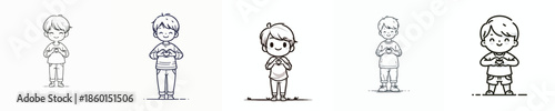 vector line art of little boy standing hand gesture forming love symbol