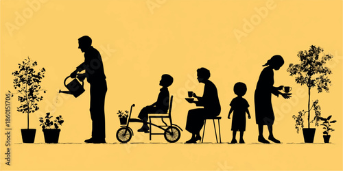 Silhouettes of a family in different life stages enjoying outdoor activities gardening cycling and growing plants silhouette