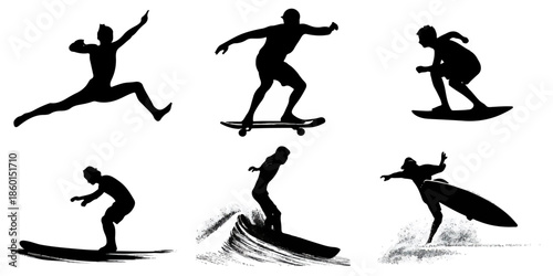 Silhouettes of action sports athletes skateboarding, surfing, snowboarding isolated on white background, illustration
