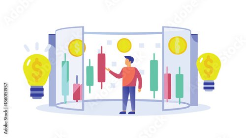 Businessman analyzing financial market trends with candlestick charts and digital screens