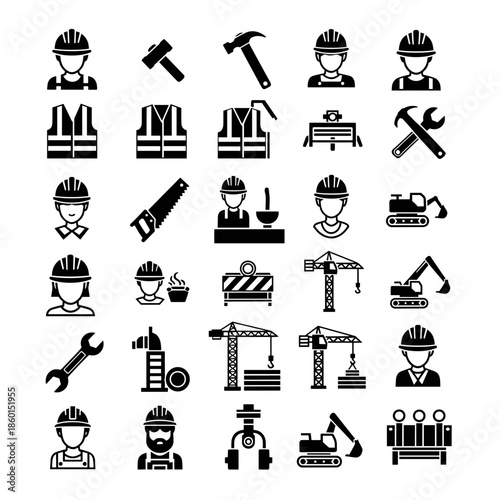 Construction worker icons set safety helmet tools and equipment for building industry vector illustration