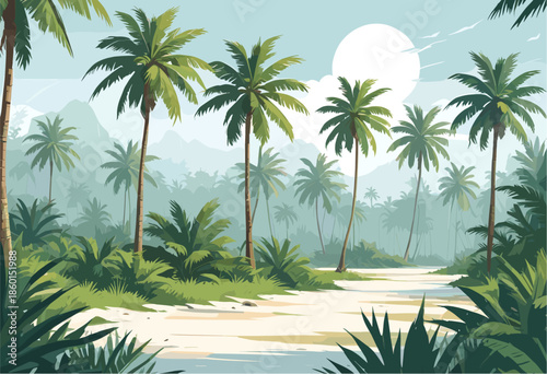 an idyllic tropical paradise setting featuring tall palm trees, lush green foliage, and white sandy beach under a bright sun, creating a serene summer vacation background