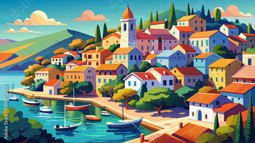 Very beautiful scenic view of Veli Lošinj village in Croatia, featuring colorful coastal houses, calm blue waters, and a peaceful Mediterranean atmosphere on a sunny day.