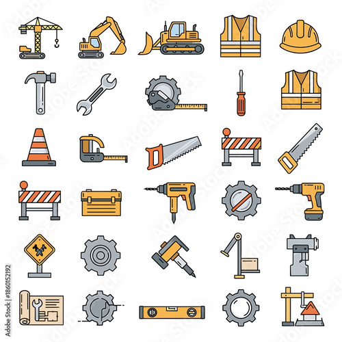 Construction tools and equipment icons set on white background crane excavator bulldozer safety vest hard hat hammer wrench