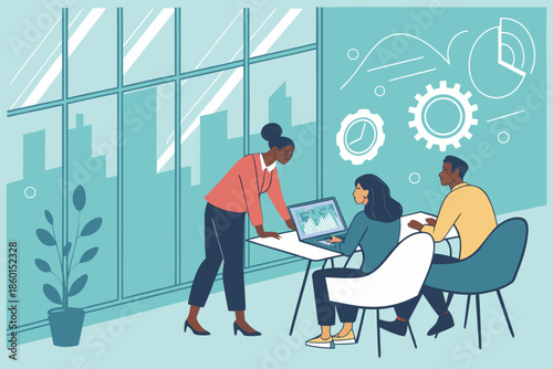 Diverse Business Team Collaborating in Modern Office: Holographic Data Interface Futuristic Technology Stock Photos