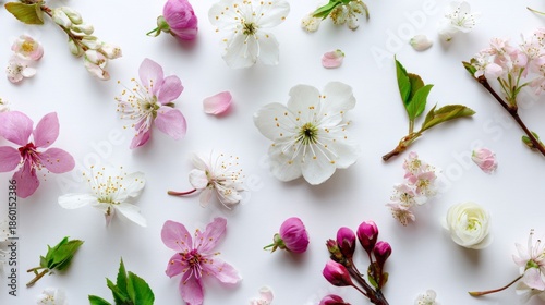 Cherry Blossom Flowers and Buds in Various Bloom Stages on Light Background