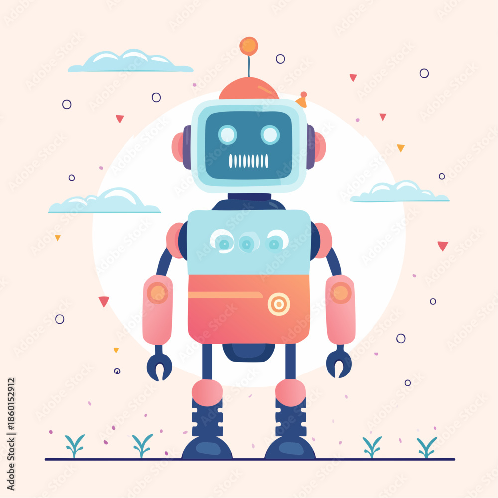 custom made wallpaper toronto digitalColorful cartoon robot with a square head and rounded features standing in a whimsical, pastel-colored landscape.
