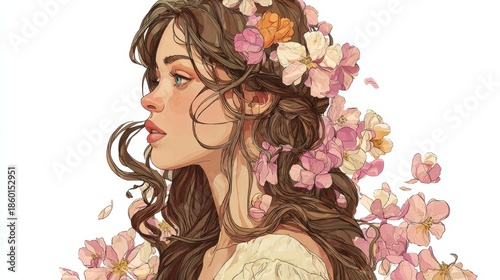 Stylized Female Profile with Long Brown Hair Adorned with Pink, White, and Orange Flowers on White Background